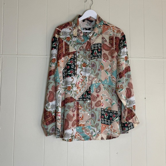 Zara Tops - ZARA Patchwork Paisley‎ Print Button Down Long Sleeve Shirt Women XL Boho Casual